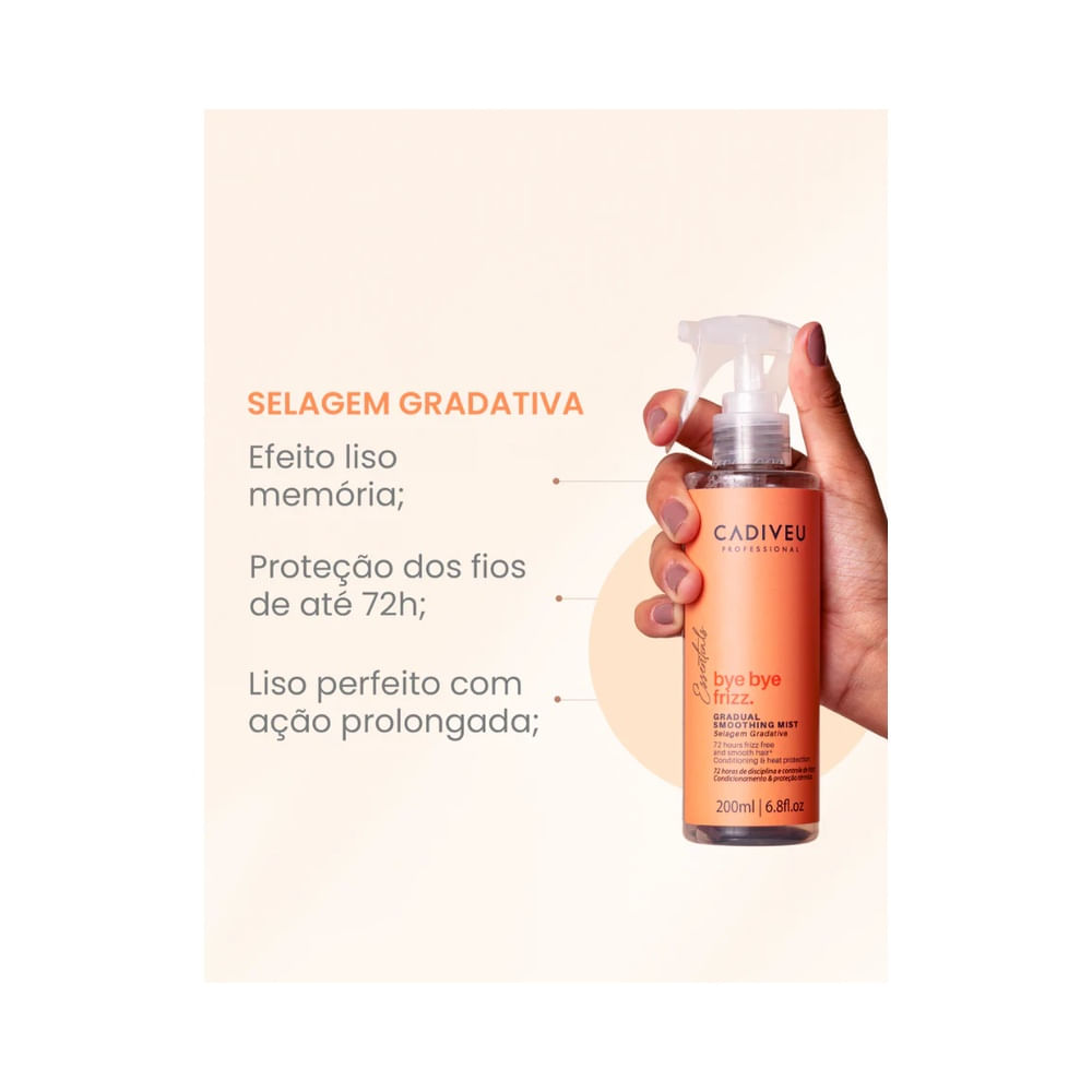 Mão segurando frasco do Leave-In Cadiveu Bye Bye Frizz 200ml destacando proteção e efeito liso memória